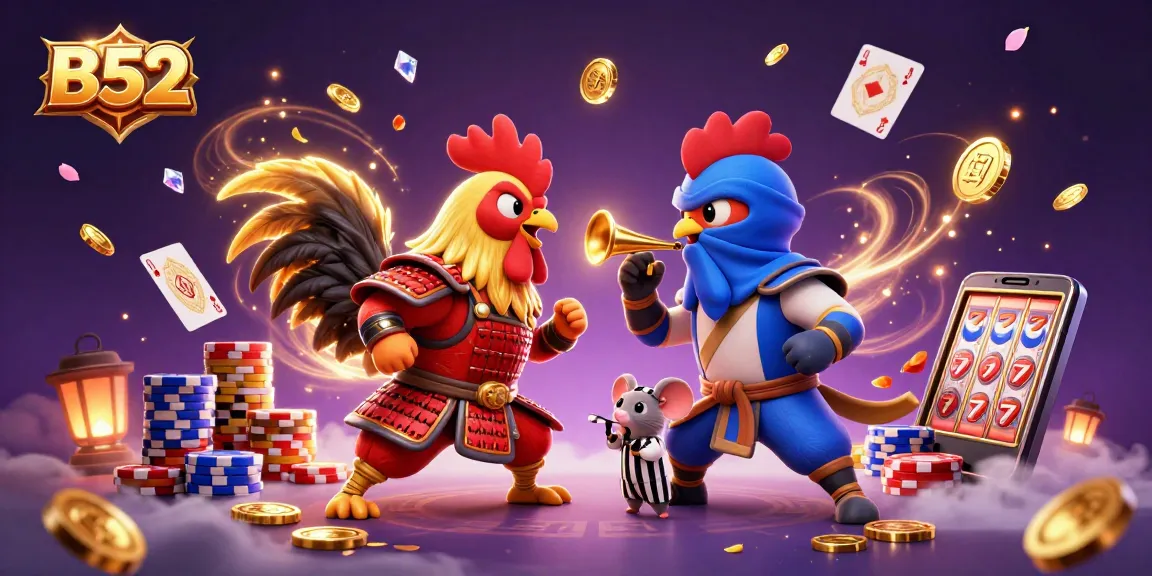 Experience the thrill of B52 with fighting roosters, golden coins, and vibrant casino elements!