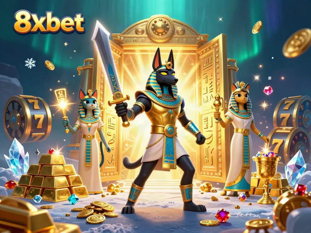 Experience thrilling action with 8xbet in a dynamic 3D casino scene featuring Anubis and Bastet.