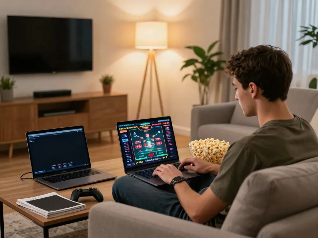 Young adult enjoying gambling sites not on GamStop from home, with vibrant graphics and a cozy atmosphere.