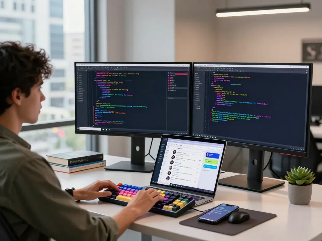 Developer utilizing the molt bot in a modern workspace with dual monitors, vibrant code, and task automation.
