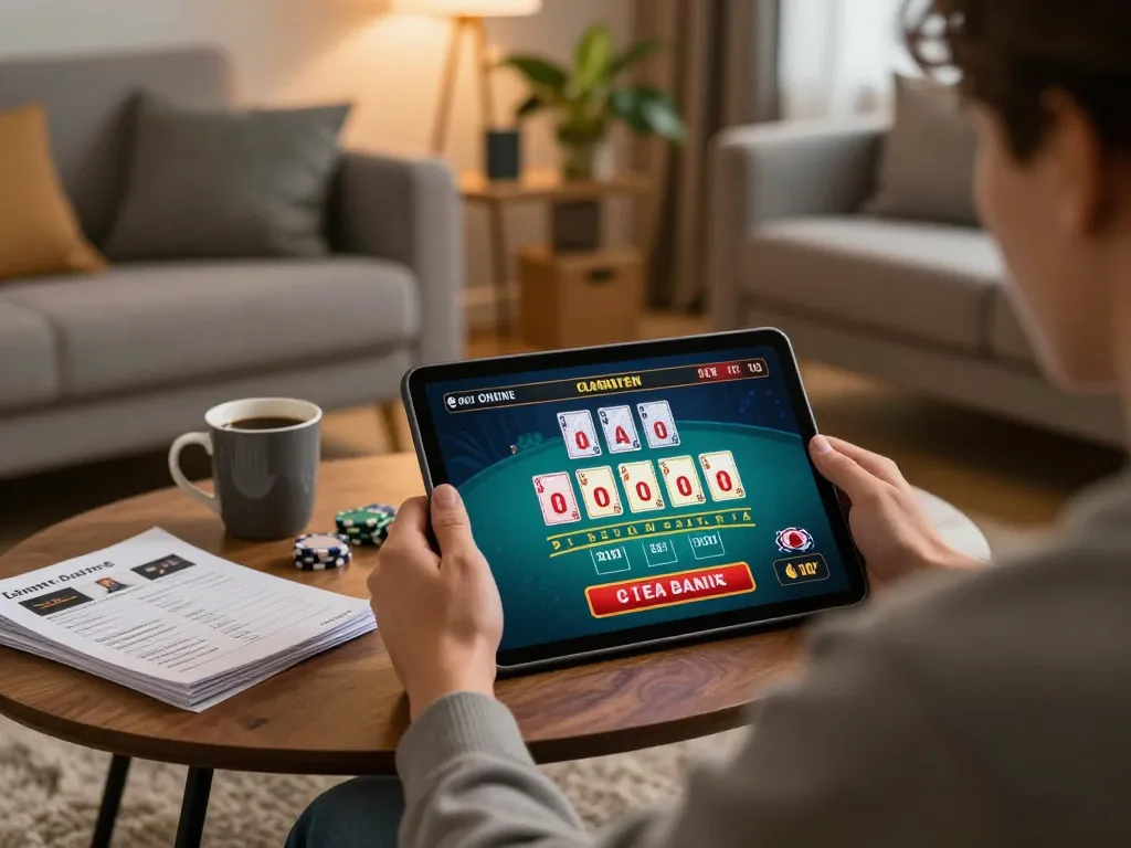 Person engaging in bayvip online casino gameplay on tablet in a cozy living room.