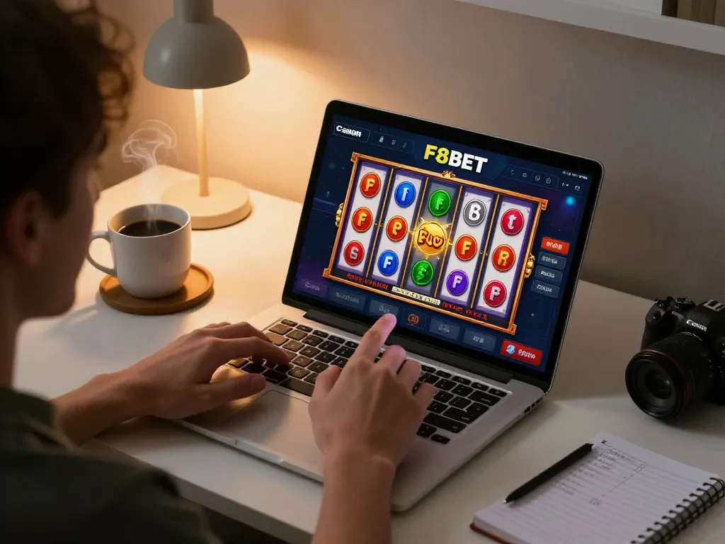 Player enjoying F8bet slots on mobile, showcasing colorful reels and responsible gaming.