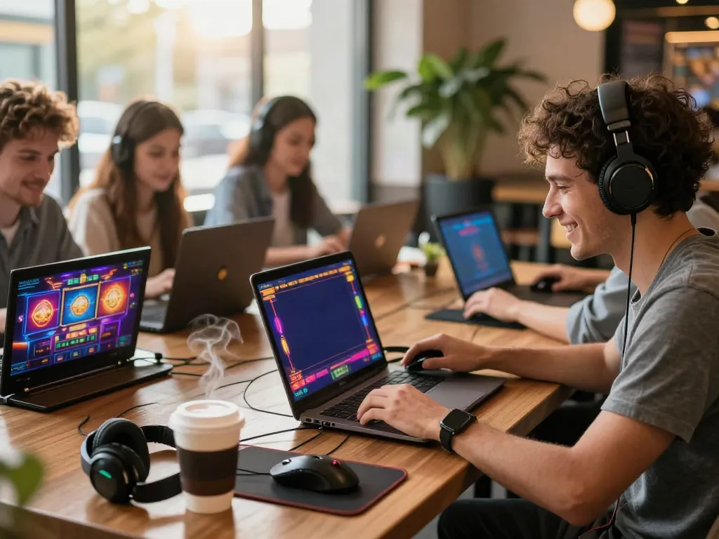 Players enjoying gambling sites not on gamstop in a cozy café, showcasing vibrant gaming activities.
