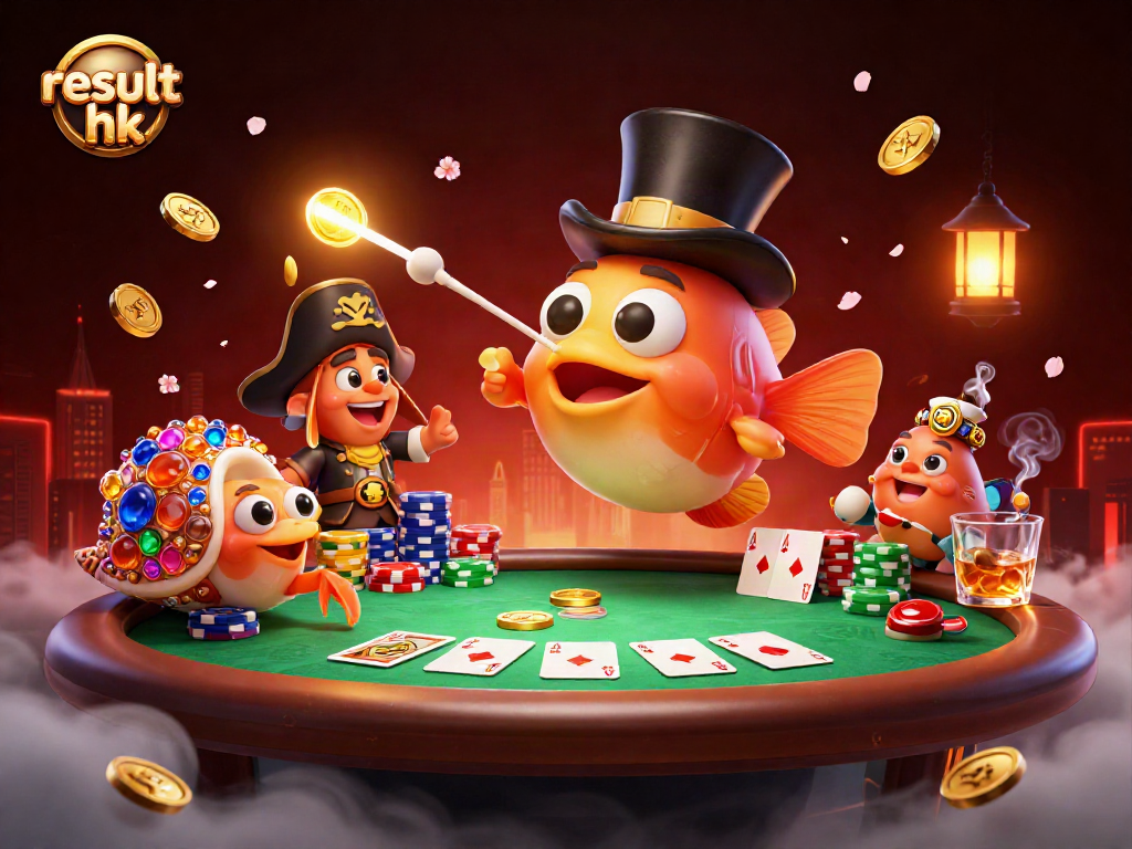 Engage with the vibrant result hk scene featuring a deep-sea anglerfish and pirate shrimp in a dynamic poker setting.