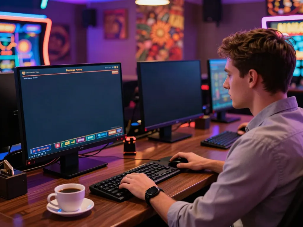 Engaged player exploring gambling sites not on GamStop in a vibrant gaming setup.