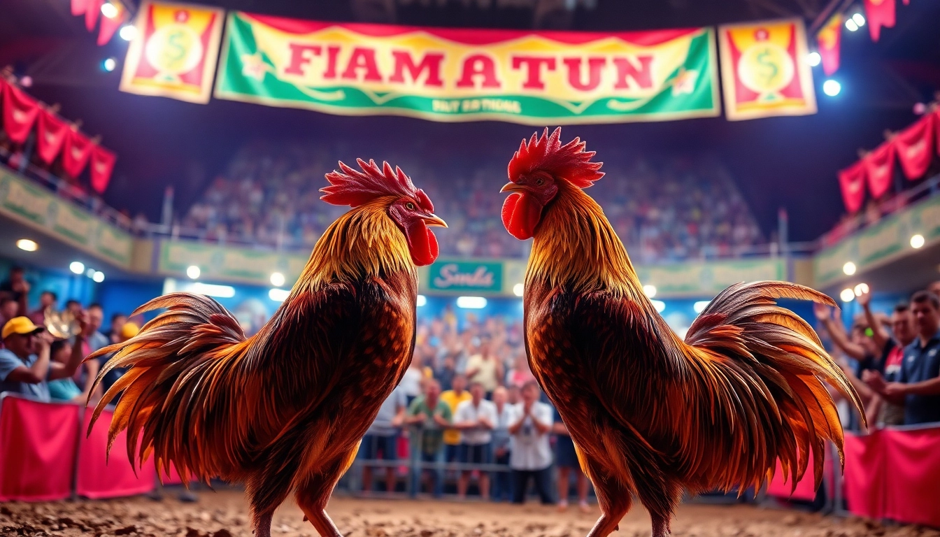 Exciting live cockfighting event featuring intense match at sv368win.live with vibrant audience.