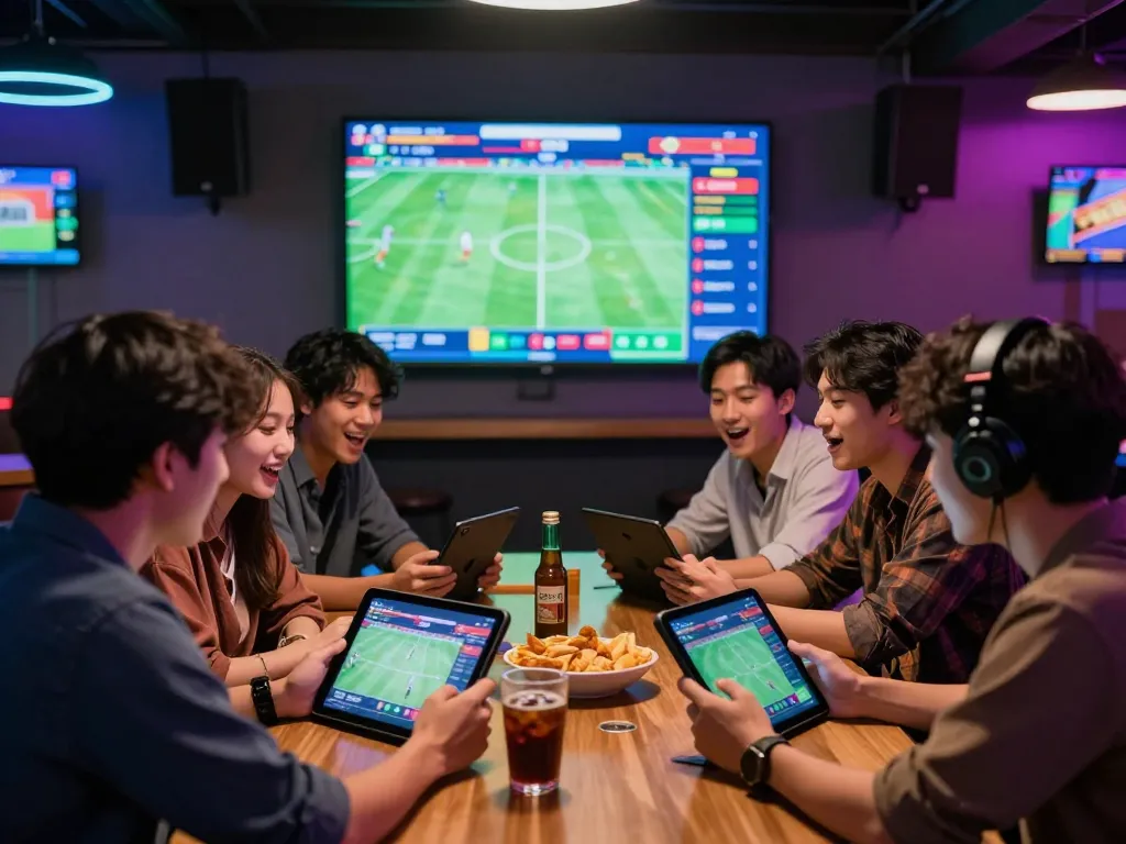 Exciting keonhacai betting scene in a lively gaming lounge with friends