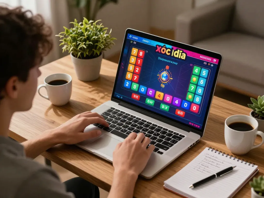 Xóc đĩa online gameplay on laptop, showcasing colorful betting options in a cozy home setting.
