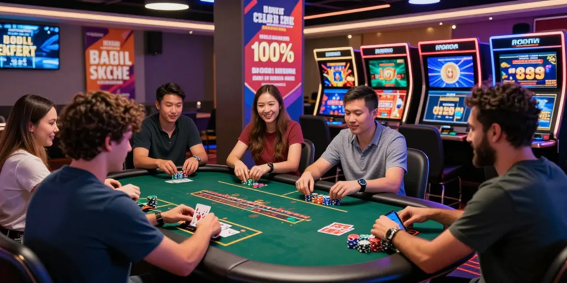 Players enjoying their experience at a credit card casino, surrounded by vibrant gaming screens and promotional banners.