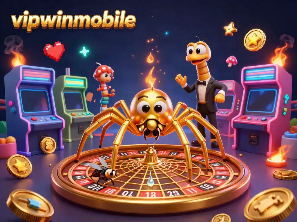 Experience thrilling bets at vipwinmobile with a golden spider spinning a roulette wheel and casino games around.