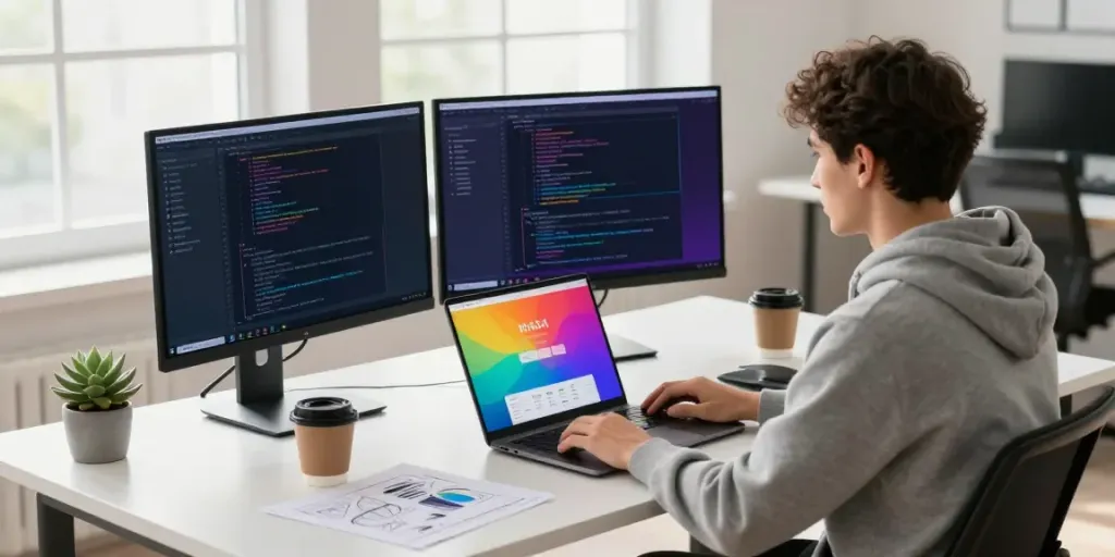 Developer implementing instant indexing strategies in a bright tech workspace
