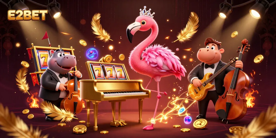 E2BET casino illustration showcasing a flamingo singer and hippo bassist among slot reels and gold coins.