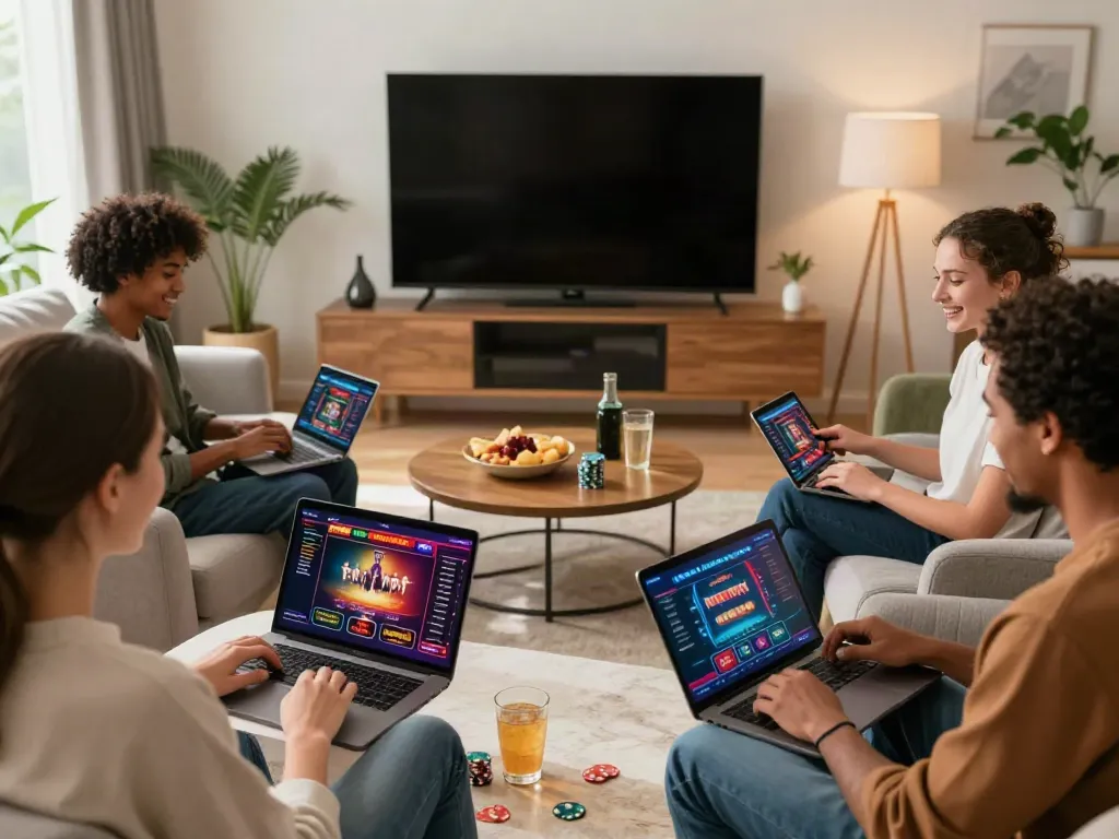 Players enjoying gambling sites not on GamStop in a modern living room, showcasing excitement and social engagement.