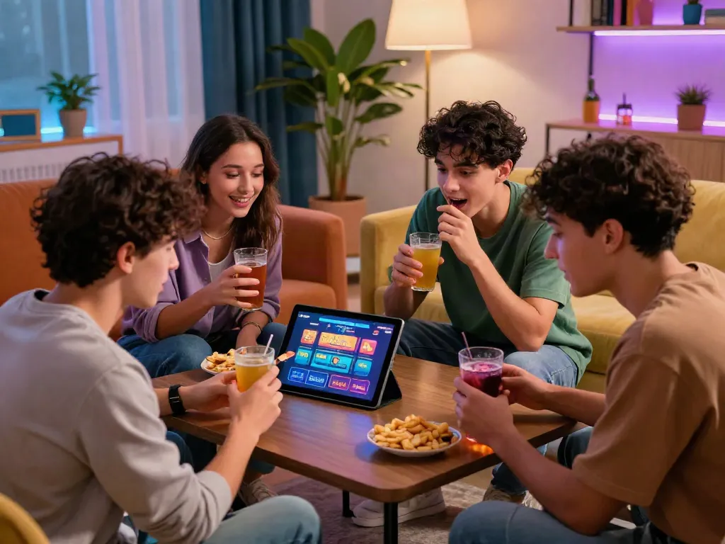 Group of friends exploring gambling sites not on GamStop together in a stylish living room.