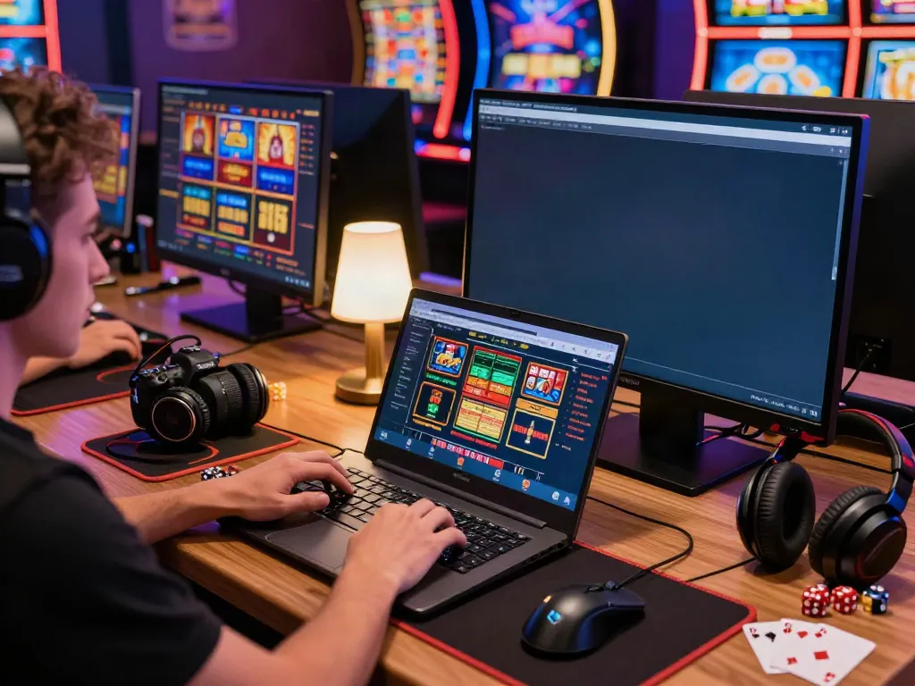 Engaged player exploring gambling sites not on GamStop with vibrant gaming setup.