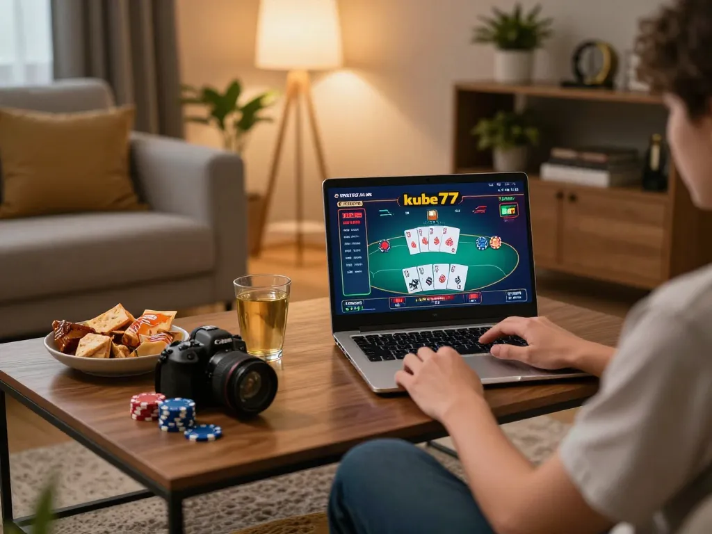 Player enjoying kubet77 online casino games with vibrant poker interface on laptop in cozy living room setting