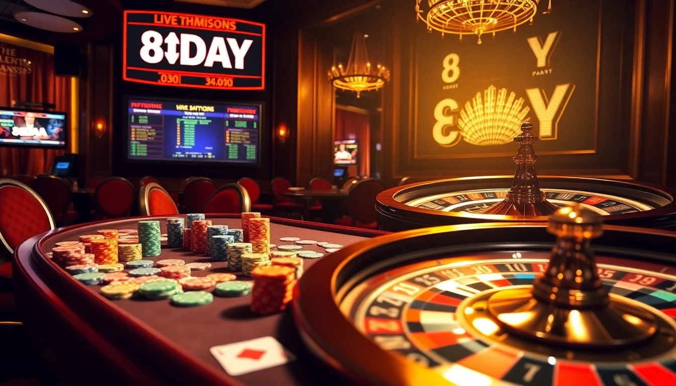 Play exciting casino games with 8DAY promotions in an elegant setting full of poker chips and roulette wheels.