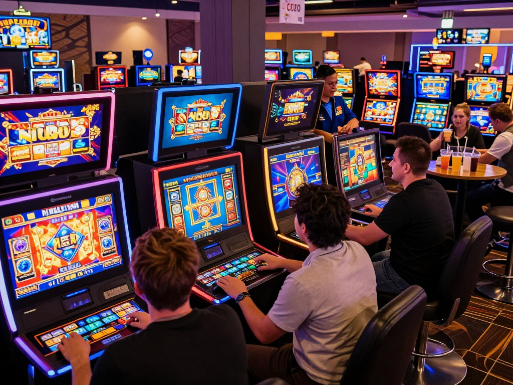 Engaging atmosphere of gamers playing slots not on GamStop with colorful lights and lively interactions in a modern online casino setting.