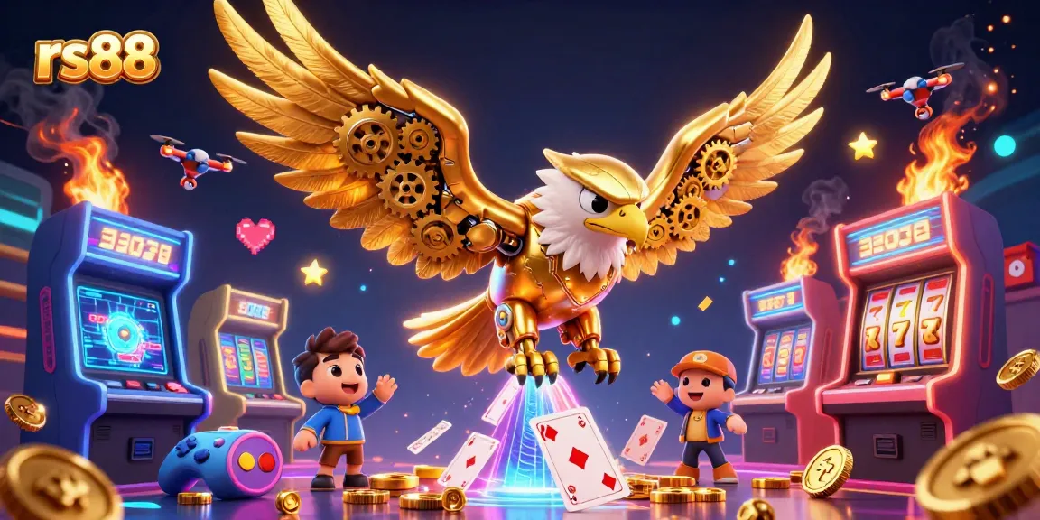 Experience rs88 thrilling gameplay with an animated golden eagle diving through holographic cards and arcade machines.