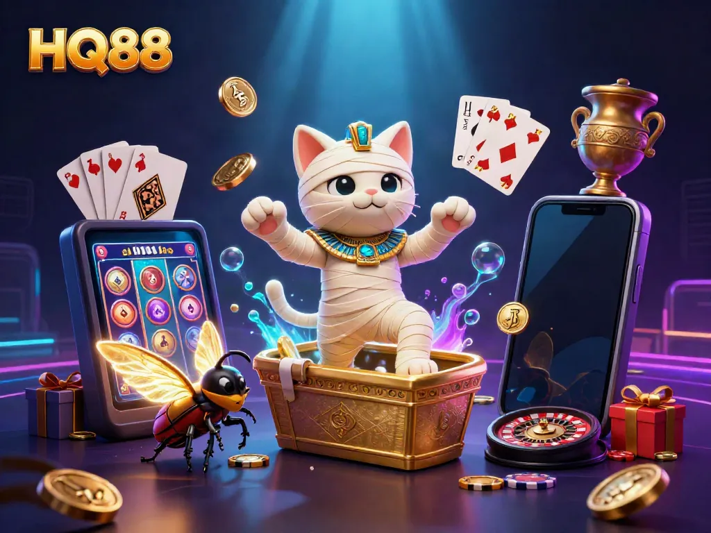 Experience HQ88's thrilling casino adventures with a mummy cat and glowing scarab in a vibrant scene.