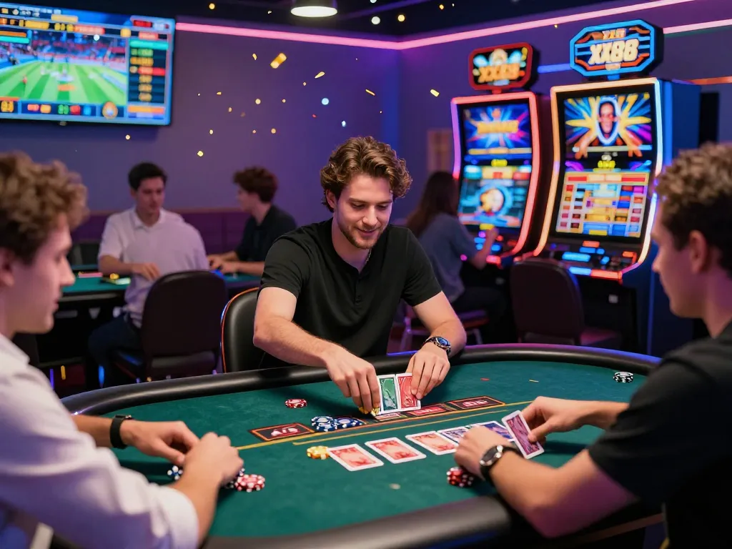 Exciting online gambling scene showcasing players at XX88 virtual casino with vibrant colors and animated games.