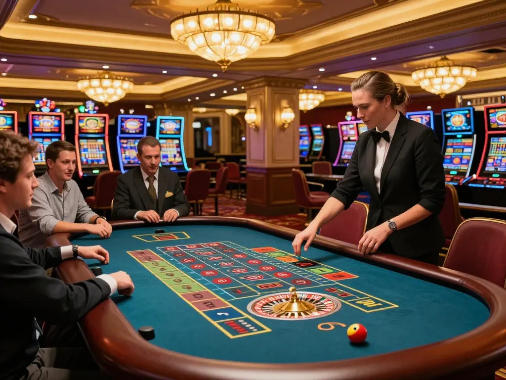 Players checking keo nha cai at a vibrant roulette table in a luxurious casino atmosphere
