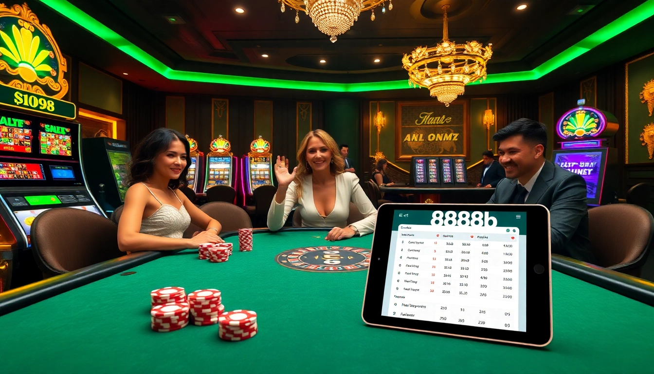 Players enjoying a thrilling poker night at 888b casino with elegant decor and vibrant gaming elements.