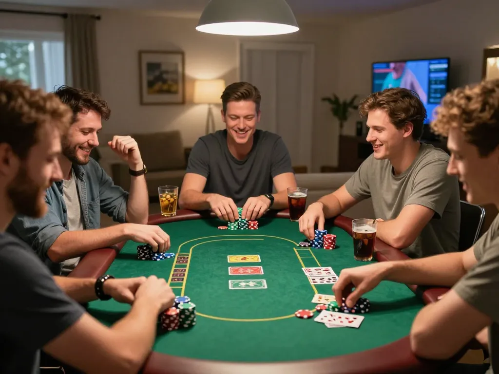 Engaged friends enjoying a lively poker game at home, highlighting dewacasino live casino atmosphere.