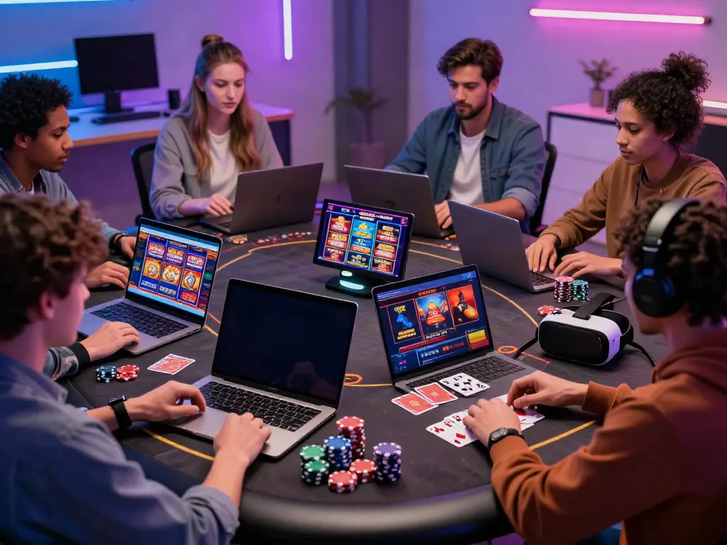 Engaged users exploring gambling sites not on GamStop with colorful devices and vibrant atmosphere.