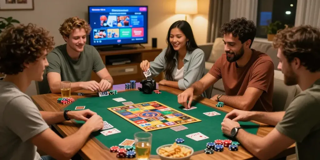 Friends enjoying gaming and discussing gambling sites not on GamStop in a cozy living room.