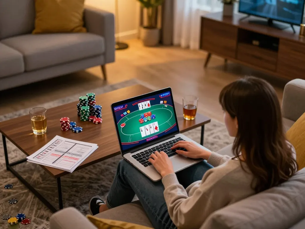 Engaged player using bl555 on laptop for strategic online gaming in relaxed home setting.
