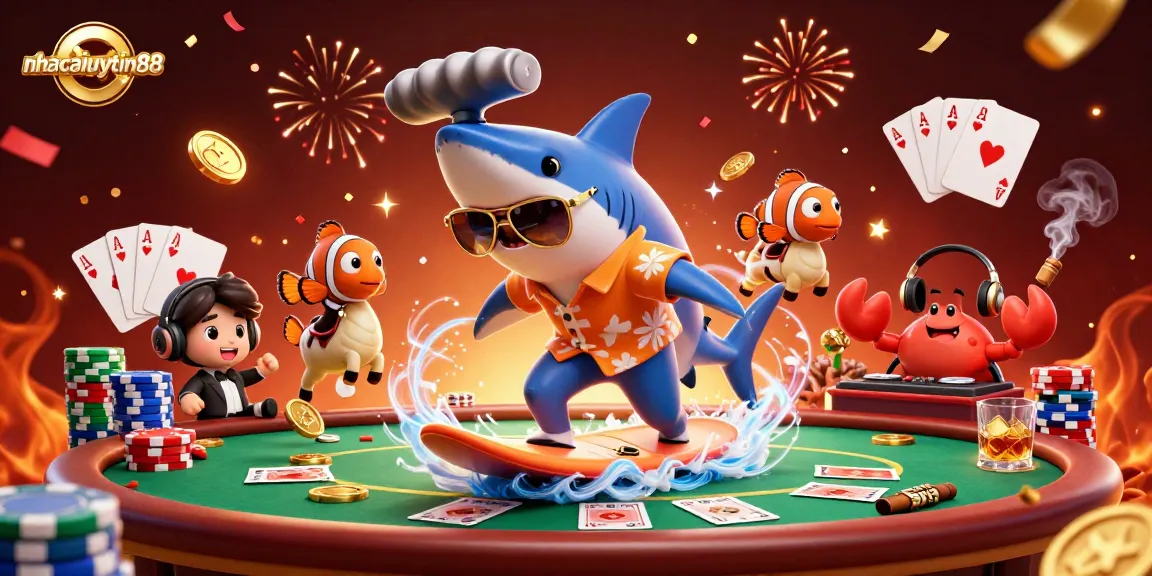 Bet big with nhacaiuytin88, a fun-filled casino scene featuring sharks and poker!
