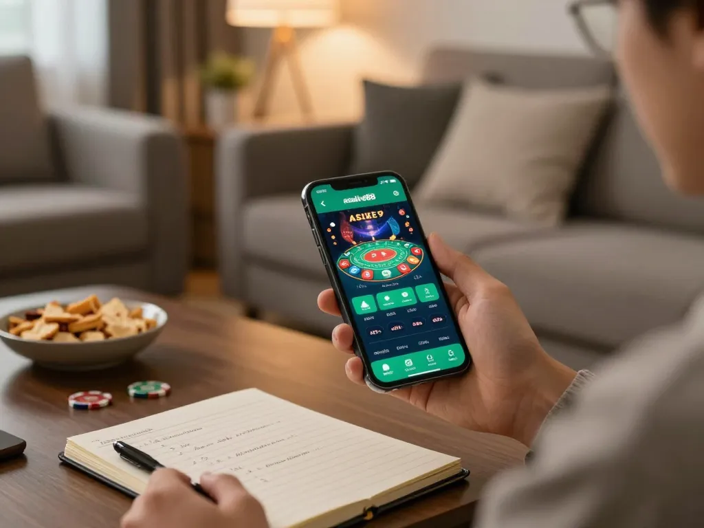 Player engaging with asialive88 casino app on smartphone in a cozy living room, highlighting responsible gambling.