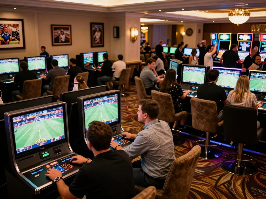 Patrons engaging in sports betting at an upscale casino, capturing the excitement of hit club events.