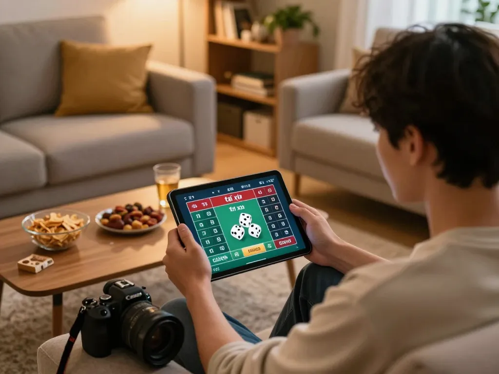Engaging in tài xỉu online from a cozy home setup with tablet gameplay.