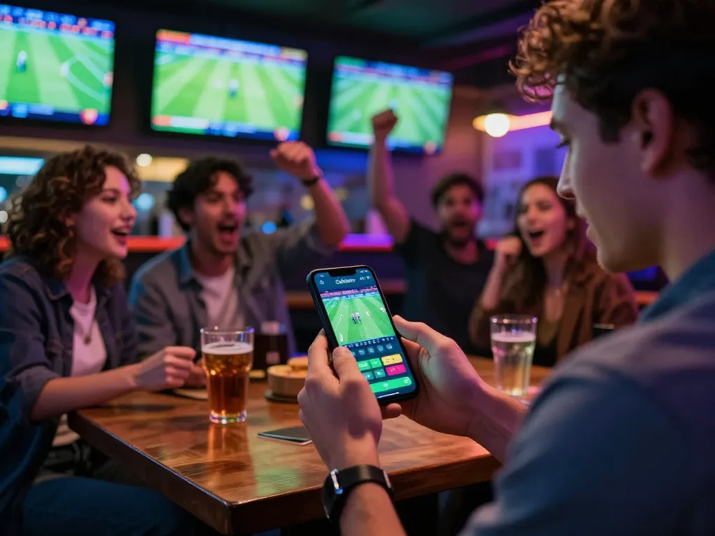 Cakhiatv user betting on football matches in a vibrant sports bar, capturing the excitement of live sports.