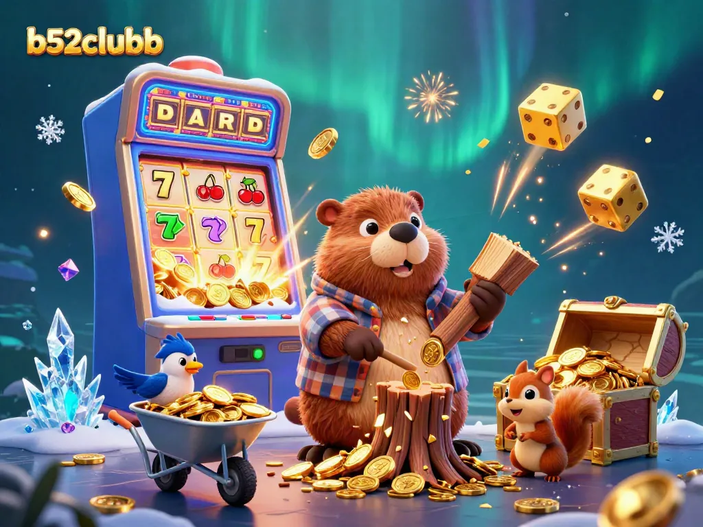 b52clubb spins to victory with a playful 3D scene of cartoon characters in a vibrant casino setup.