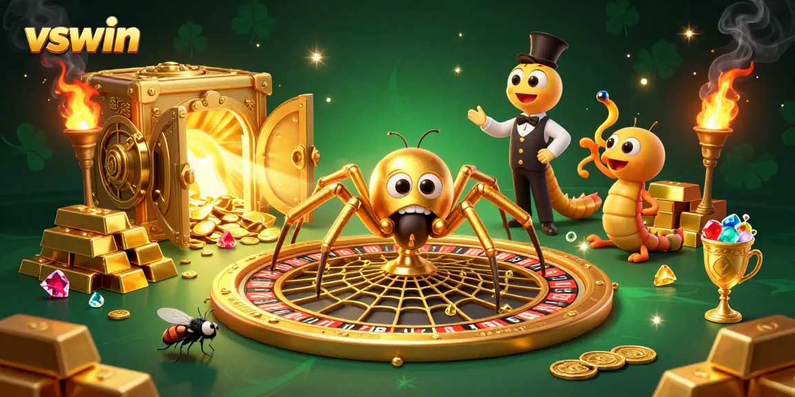 Engage with the exciting experience at vswin, where a golden spider weaves winning bets amid vibrant casino treasures.