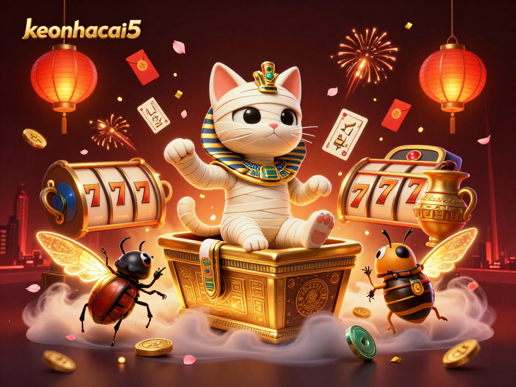 Experience the thrill of keonhacai5 with a cat mummy and glowing elements in a vibrant casino.