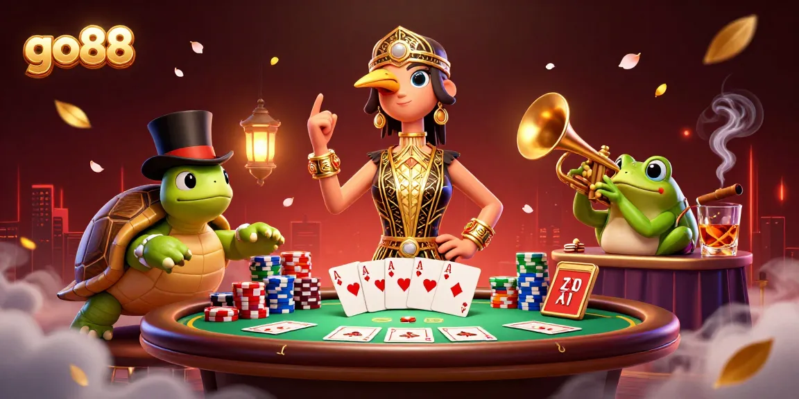 Engage with go88 at the vibrant casino scene featuring lively characters, poker elements, and rich details.