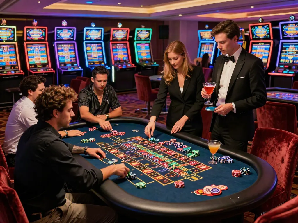 Engaging scene at gambling sites not on GamStop with diverse players at a roulette table.