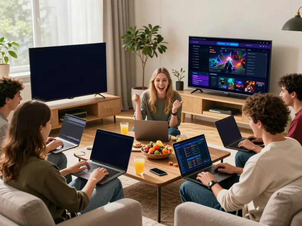 Exciting scene of young adults enjoying gambling sites not on GamStop in a cozy living room.
