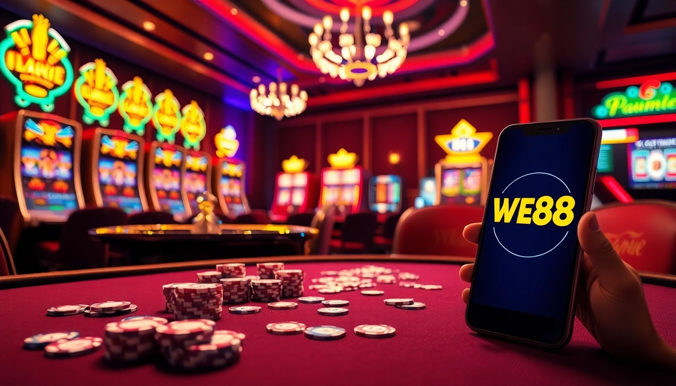 Engage with the thrilling atmosphere of WE88 casino featuring a vibrant poker table and glamorous roulette.