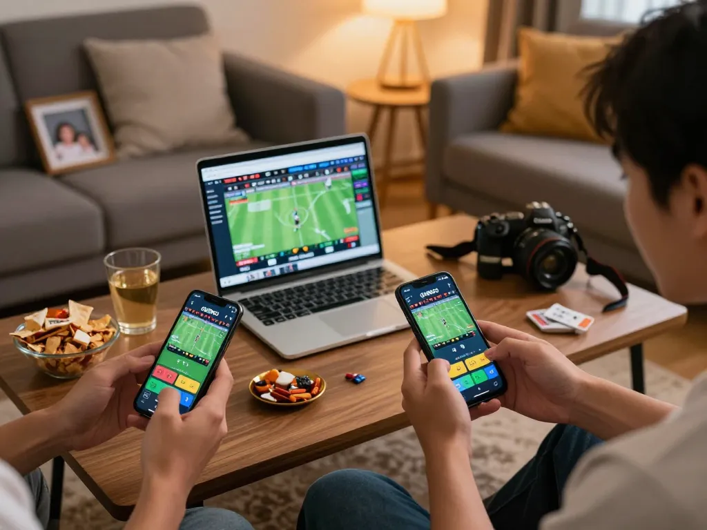 Engaged user analyzing live sports odds on qh88go app during exciting match, cozy home setting.