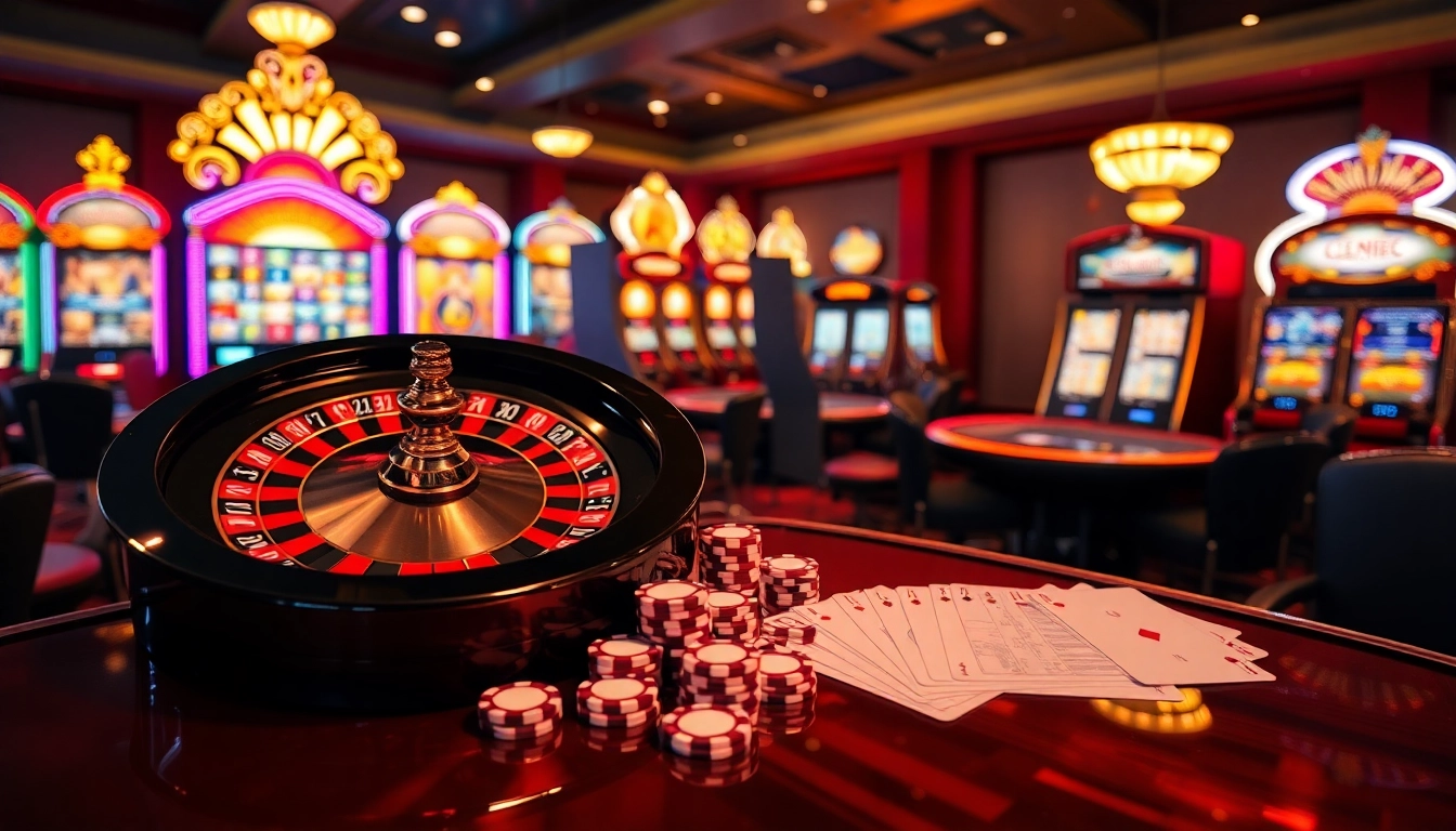 Nha cai uy tin highlighting the excitement of upscale gambling with roulette wheels, poker chips, and vibrant casino visuals.