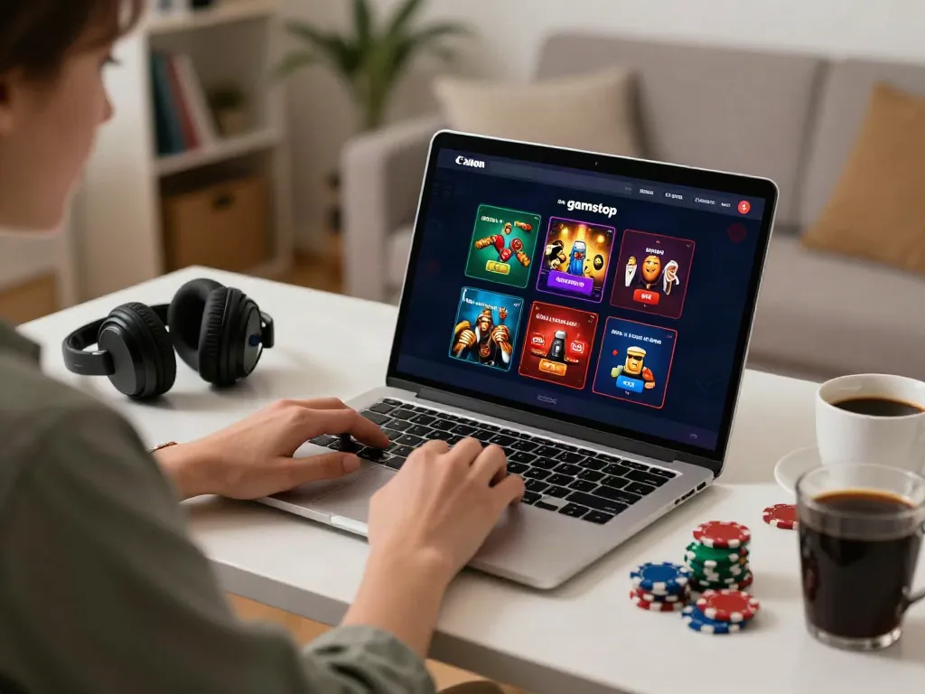 Engaged user enjoying gambling sites not on gamstop with casino games on a laptop.