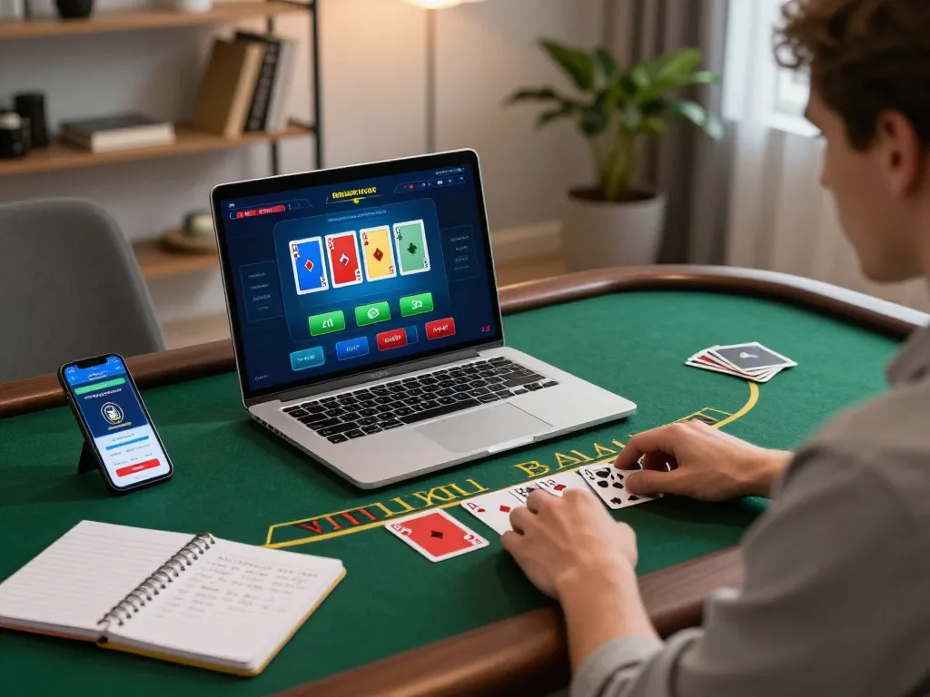 SIN88 player engaging in strategic blackjack game on modern home setup with laptop and smartphone.