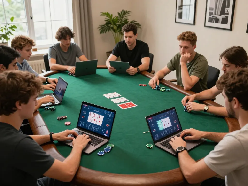 Players enjoying online poker on az888 from home with laptops and tablets, cozy atmosphere.