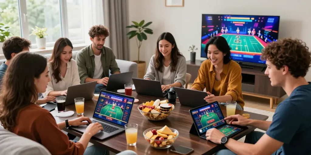 Friends enjoying an engaging online gaming session at home, exploring gambling sites not on gamstop.