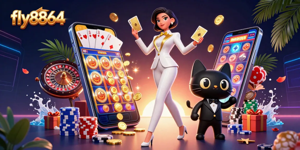 Engage with fly8864 as a glamorous dealer shuffles cards alongside a playful cat in a vibrant casino scene.